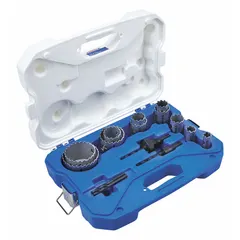 This 15-piece hole saw kit features bi-metal construction with 3 teeth per inch and a maximum cutting depth of 1 7/8 inches. Suitable for cutting through wood, metal, and plastic in general maintenance, electrical, and plumbing applications.