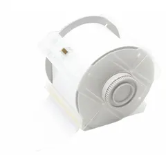 Thermal transfer tag roll for outdoor industrial labeling. White gloss polyester material resists weather and harsh environments. Compatible with GlobalMark 2 printer series; requires recommended ribbon 76739. Used for equipment identification, pipe marking, and safety signage.