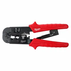 This non-insulated crimper is designed for terminating modular connectors on data and telecom cables. It accommodates 4, 6, and 8 position plugs for RJ11, RJ12, RJ22, and RJ45 connectors. The tool includes a blade guard on cutting and stripping blades for safety. Overall length is 3 3/8 inches.