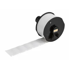 White nylon precut label roll measuring 1 in x 1/2 in, containing 450 labels. Designed for use with the Wraptor A6200 printer series and requires ribbon A62-R4300. Suitable for industrial labeling tasks such as asset tracking, cable marking, and component identification.