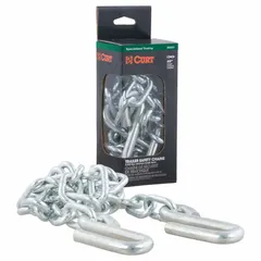 Standard duty safety chain made of steel with a zinc-plated silver finish. Overall length of 48 inches with open hook attachment. Used for securing trailers or towed loads in towing applications.