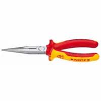 Insulated needle-nose pliers with 8 in overall length, 3 in jaw length, 1/8 in tip width, and 1 in max jaw opening. Includes a cutter for wire trimming. Used for precision gripping, bending, and cutting in electrical work, reaching confined spaces
