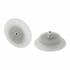 Flat vacuum pad assembly for fast-handling applications in food-safe environments. Features a 66.4 mm pad diameter, 22 mm pad height, and 1/4 in NPT vacuum port. Made of clear SUF material. Suitable for automated packaging lines and material handling.
