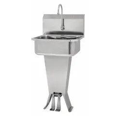 This one-station freestanding hand sink with faucet is constructed of 18 ga stainless steel. It features a 17 in long by 7 in deep bowl and a 0.5 gpm flow rate. No side splash is included. Suitable for commercial handwashing applications.