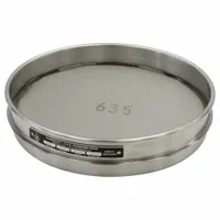 Test sieve with 8-inch outside diameter, stainless steel frame and screen cloth. Meets AASHTO M92 standards. US Standard #635 mesh size. Used for particle size analysis and classification of granular materials in laboratory and quality control applications