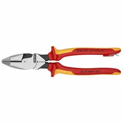 Multipurpose insulated lineman's pliers with 9 1/2 in overall length, 1 1/2 in jaw length, and 1 1/4 in jaw width. Features flat, knurled grip and integrated wire cutter. Suitable for cutting, gripping, and twisting wire in electrical and industrial maintenance tasks.