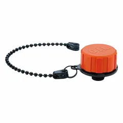 Tethered filter breather vent with a 40 micron filter and gray splash guard. Features a 3/8" BSPP thread, polyamide body, and 200 mm black POM-based technopolymer tether. Used for venting and filtering airborne contaminants from hydraulic reservoirs and gearboxes.