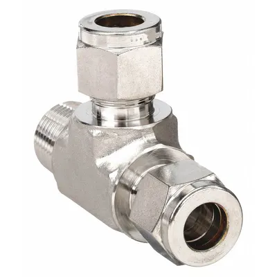 PARKER Compression Tee Fitting: 1/4 in OD x 1/4 in Pipe x 1/4 in OD Fitting Size - Double-Ferrule Stainless Steel Fittings