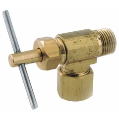 This brass angle-body needle valve is used for precise flow regulation of water in plumbing systems. It features a 3/8 in pipe size with Compression x MNPT connections, including a male NPT side 2. The valve meets NSF 61 Annex G standards for drinking-water system components.