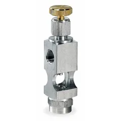 This replacement valve for oilers features a cross spray pattern flow with 1/8" NPTF inlet and outlet threads. It is used to control lubricant flow in machine mount lubrication systems.