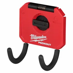 This curved hook attaches to PACKOUT plates or wall mounts to hang tools, cords, or accessories. Constructed of metal and polymer with a black/red finish, it measures 3 7/8 in depth, 3 5/16 in height, and 4 7/16 in length. Suitable for organizing workspaces in industrial and workshop environments.