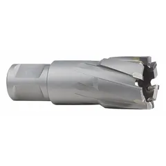 This MILWAUKEE annular cutter features a carbide tip for cutting tough materials. It has a 15/16 in diameter, 2 in maximum cutting depth, bright finish, and Weldon Flat shank for secure mounting in magnetic drill presses. Used for cutting clean, accurate holes in metal fabrication and construction applications.