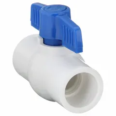 This 3/4 in PVC ball valve features a straight, one-piece body with socket x socket connections and a Tee handle. It is used for manual on/off flow control in industrial piping systems handling water, chemicals, or air.
