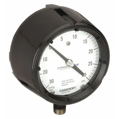 ASHCROFT Process Compound Gauge: 0 psi to 30 psi, White, 4 1/2 in Dial, 1/2 in NPT Male - Vibration-Resistant All-Stainless Steel Wetted Parts & Casing
