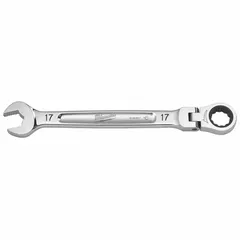 This 17 mm metric 12-point ratcheting combination wrench features a chrome finish and an overall length of 233 3/8 mm. The ratcheting box end allows for efficient fastener tightening and loosening in maintenance, assembly, and repair tasks.