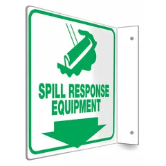 This 8 in x 8 in PETG sign is designed for marking spill response equipment in industrial facilities. It features an L-Shape projection for clear visibility and mounting holes for secure installation. The sign is not retroreflective and does not glow in the dark, suitable for indoor use where high-visibility is not required.