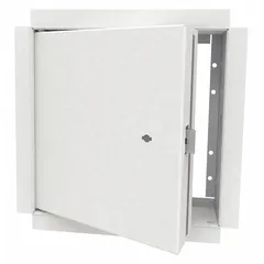 This steel locking access door is designed for ceiling mounting, featuring a concealed hinge and drywall bead flange that blends with finished ceilings. It provides secure entry to mechanical, electrical, or plumbing systems in commercial and industrial buildings. The 16 ga frame and white finish support a clean, unobtrusive appearance.