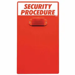 This clipboard is designed for workplace safety applications, providing a writing surface for checklists, inspection forms, or incident reports. It features English-language content and measures 9 1/2 inches in overall width. Suitable for use in industrial environments where organized record-keeping is required.