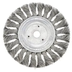 This heavy-cleaning brush from WEILER is designed for contoured stainless steel surfaces. It features a twisted stainless steel wire fill that removes rust, scale, and weld discoloration without contaminating the workpiece. The brush has a 6-inch diameter and 1/2-inch width, with an arbor size of 5/8 in to 1/2 in.