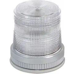 LED steady light for Class III hazardous locations, such as textile mills or combustible-fiber areas. Operates on 120V AC with a clear lens. Wall-mountable, overall height 4 5/8 in, diameter 4 1/2 in. Provides continuous visual indication for equipment status or alarm conditions.