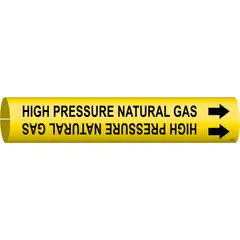 Snap-on pipe marker for identifying high-pressure natural gas lines. Yellow background with black legend and directional arrows. Fits pipe outer diameters from 1-1/2 to 2-3/8 inches. Used in industrial piping systems to indicate gas service.