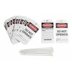 Polyester danger tag with write-on surface, printed in English with 'Danger, Do Not Operate' legend. Used in lockout/tagout procedures to indicate hazardous conditions and prohibit equipment operation during maintenance or repair.