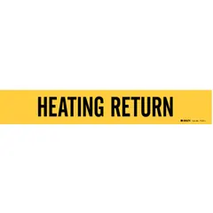 Yellow adhesive pipe marker with black legend 'Heating Return' for identifying heating return lines. Fits pipe outer diameters from 2-1/2 to 7-7/8 inches. Without arrows. One marker per package.