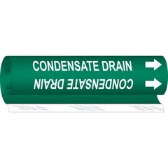 Green wrap-around pipe marker with white legend reading 'Condensate Drain' and directional arrows. Fits pipe outer diameters from 1-1/2 to 2-3/8 inches. Supplied as a single marker for identifying condensate drain lines in industrial piping systems.