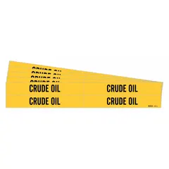 Yellow adhesive pipe marker with black legend reading 'Crude Oil' for identifying pipes carrying crude oil. Fits pipe outer diameters from 3/4 to 2-3/8 inches. Each pack contains 4 markers without arrows, sold in a 5-pack configuration. Suitable for industrial piping systems requiring clear content identification.