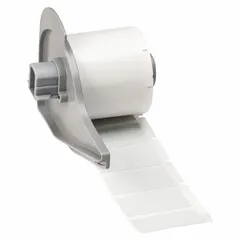 Thermal transfer precut label roll measuring 3/4 in by 1 1/2 in. Features a rubber aggressive adhesive for permanent bonding to challenging surfaces. Compatible with the BMP71 printer series. Used for industrial identification, asset tagging, cable marking, and safety labeling.