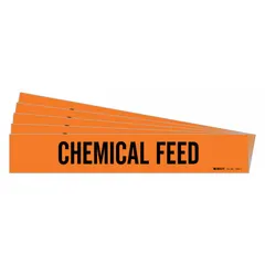 Orange adhesive pipe markers with black legend reading 'Chemical Feed'. Each pack contains 5 markers, supplied without arrows. Designed for pipes with outer diameters from 2-1/2 to 7-7/8 inches. Used to identify chemical feed lines in industrial piping systems.