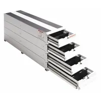 Aluminum storage drawer for cargo vans and trucks. Includes 4 shelves with a 49-inch overall depth. White finish. Provides organized storage for tools and equipment in commercial vehicle applications