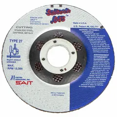 This depressed center cut-off wheel is designed for cutting carbon and stainless steel. The 36 grit ceramic Saitech construction provides cool cutting action, reducing heat buildup. It measures 4 1/2" diameter by 0.045" thickness with a 7/8" arbor hole, suitable for use with angle grinders in metal fabrication and maintenance tasks.