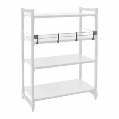 This CAMBRO Basics Plus shelf rail kit includes one side rail in Soft Gray, measuring 36 inches in length and 4-1/4 inches in height. It is designed to attach to shelving systems to help contain stored items and prevent them from sliding off. Typical applications include commercial kitchens, warehouses, and storage areas where organization and safety are important.