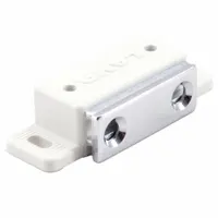 Magnetic push-to-close catch with pull opening action. Plastic construction. Height 5/8 in, width 2 in. Used for holding cabinet doors, access panels, or enclosures securely closed in industrial cabinetry, electrical enclosures, and furniture