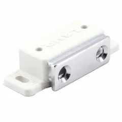 Magnetic push-to-close catch with pull opening action. Plastic construction. Height 5/8 in, width 2 in. Used for holding cabinet doors, access panels, or enclosures securely closed in industrial cabinetry, electrical enclosures, and furniture.
