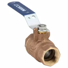 This NIBCO bronze ball valve features a 1-1/4 inch straight body with female NPT (FNPT) connections on both ends. It is a full-port, two-piece design with a blue lever handle, suitable for manual on/off flow control in industrial piping systems.