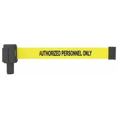 Replacement belt cassette for crowd control and safety barrier systems. Features a 15 ft retractable belt with 2 1/2 in width and 42 in overall height. Displays 'Authorized Personnel Only' messaging.