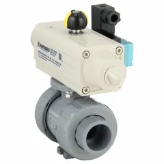 This pneumatically-actuated ball valve features a CPVC body with True-Union Socket/True-Union NPT female connections on both sides. It operates with an air-to-spring actuator, includes a position indicator and an ISO 5211 actuator mounting pad, and is rated for water media. Complies with NSF/ANSI 372.