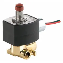 3-way/2-position normally closed solenoid valve with 1/4 in pipe size and 24V DC operation. Features a watertight coil enclosure and explosion-proof/watertight rating. Suitable for directing flow between three ports in pneumatic or hydraulic systems requiring media isolation.