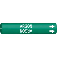 Snap-on pipe marker for identifying argon lines. Green background with white legend and directional arrows. Fits pipe outer diameters from 2-1/2 to 3-7/8 inches. Suitable for industrial piping systems requiring clear pipe content and flow direction identification.
