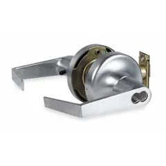 This storeroom lever lockset features a satin chromium-plated heavy gauge steel finish and an Augusta style lever. It is ADA compliant and accepts SFIC cores. The ANSI F86 function allows free egress while the exterior lever remains locked, suitable for commercial doors requiring key-only entry.