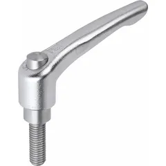This KIPP adjustable handle features a teardrop-shaped grip and a threaded stud with 3/8"-16 thread and 40 mm thread length. With an 80 mm overall length and silver finish, it is suited for clamping, positioning, and adjusting machinery components in industrial environments such as jigs, fixtures, and workholding setups.