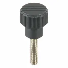 Knurled knob with threaded stud for manual adjustment and clamping in industrial machinery, jigs, and fixtures. Plastic body with stainless steel M10 threaded stud, 34 mm diameter, 40 mm thread length, gray color.
