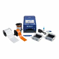 Portable label printer with 300 dpi printhead resolution and continuous-roll capability. Includes battery, mounting bracket, Brady Workstation Design and Print Pro - VWS software, and 1 in x 4 in polyester raised panel labels in white. Suitable for on-site industrial labeling tasks such as panel marking, cable identification, and asset tagging.