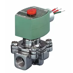 This 2-way, 2-position normally closed solenoid valve is designed for high-flow applications. It features a 1/2 in pipe size and operates on 12V DC. The aluminum body construction makes it suitable for use in industrial fluid control systems handling water, air, or light oil.