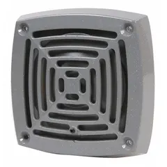This vibrating horn produces a horn sound for indoor signaling applications. It operates on 24V AC and is housed in a gray enclosure measuring 4 5/8 inches in length and width. Suitable for use in commercial and industrial settings to alert personnel to alarms or other events.