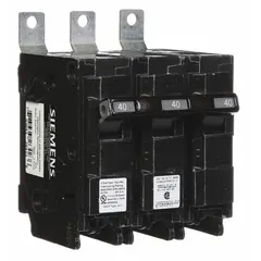Three-pole miniature circuit breaker rated 40 A at 240V AC, standard type, from the BL Series. Designed for bolt-on mounting in P1 Panelboards. Maximum AIR rating of 65 kA at 120/240V AC. Provides overcurrent protection in electrical distribution systems.