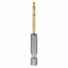 TiN-coated HSS drill bit with 135° split point, impact rated for use with impact drivers. Hex shank design reduces slipping. Suitable for drilling small-diameter holes in metal, wood, and plastic.