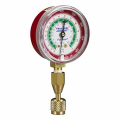 This recovery tank test gauge from YELLOW JACKET is designed for pressure measurement in refrigerant recovery tanks. It features a 0 psi to 500 psi range, a 2-1/2 in diameter dial, and a Female NPT connection. The gauge is red and intended for use with R-502 refrigerant.